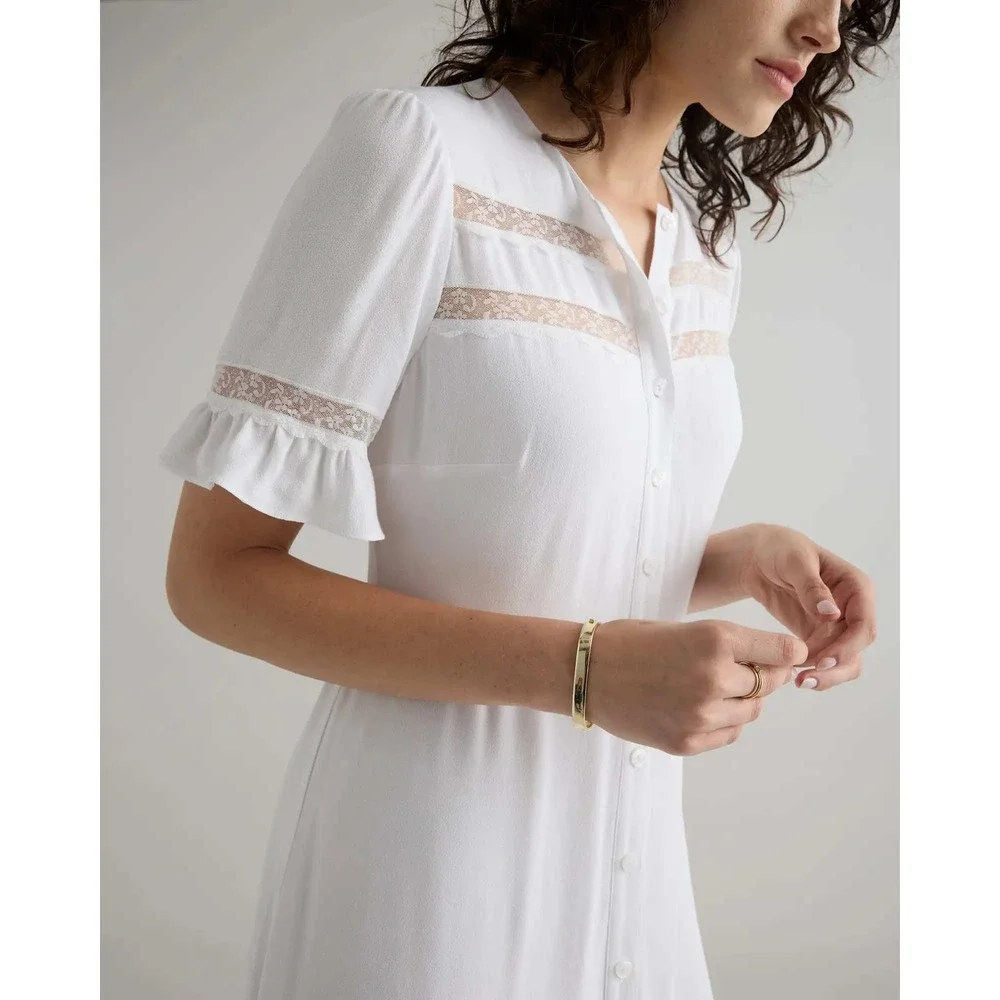 Quince Organic Crepe Lace Insert Midi Dress Ivory White XL NWT